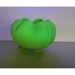 Fenton Green Uranium Glass Drapery Footed Rose Bowl with sticker
